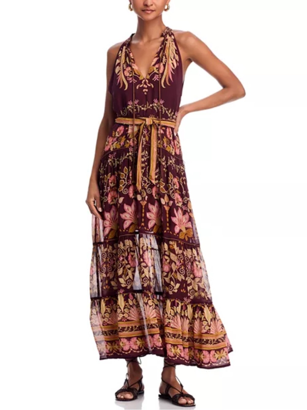FARM Rio Sz M maxi Dress Bella Burgundy Tiered Boho Western Retro Hippie